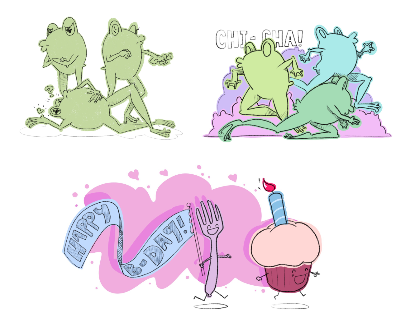 a collection of frogs jumping and cupcakes and a fork running