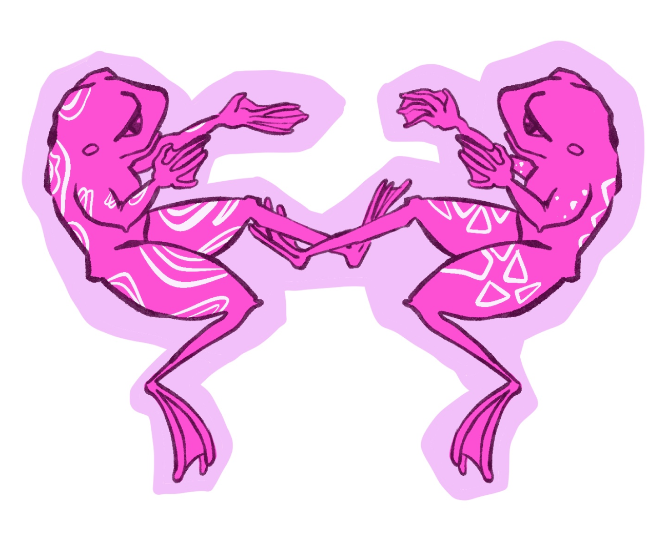two bright pink frogs mirrored from one another reaching out