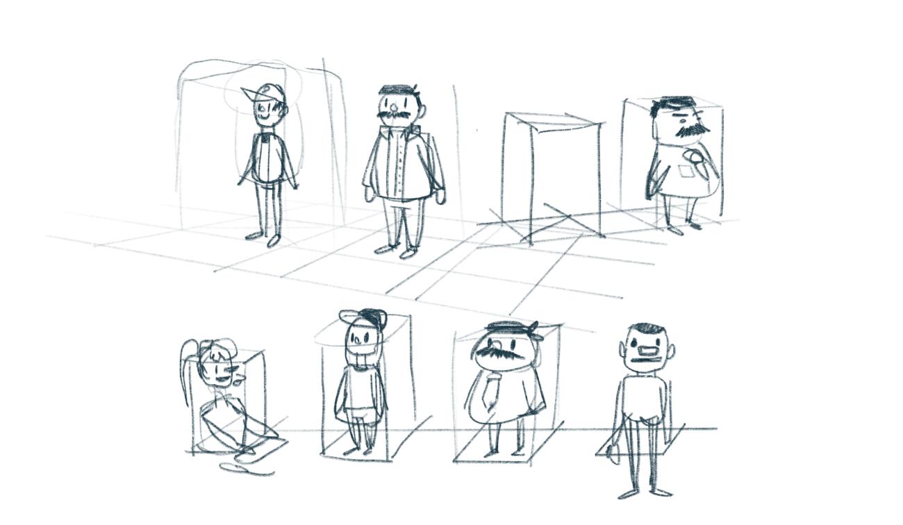 isometric sketches of people in boxes