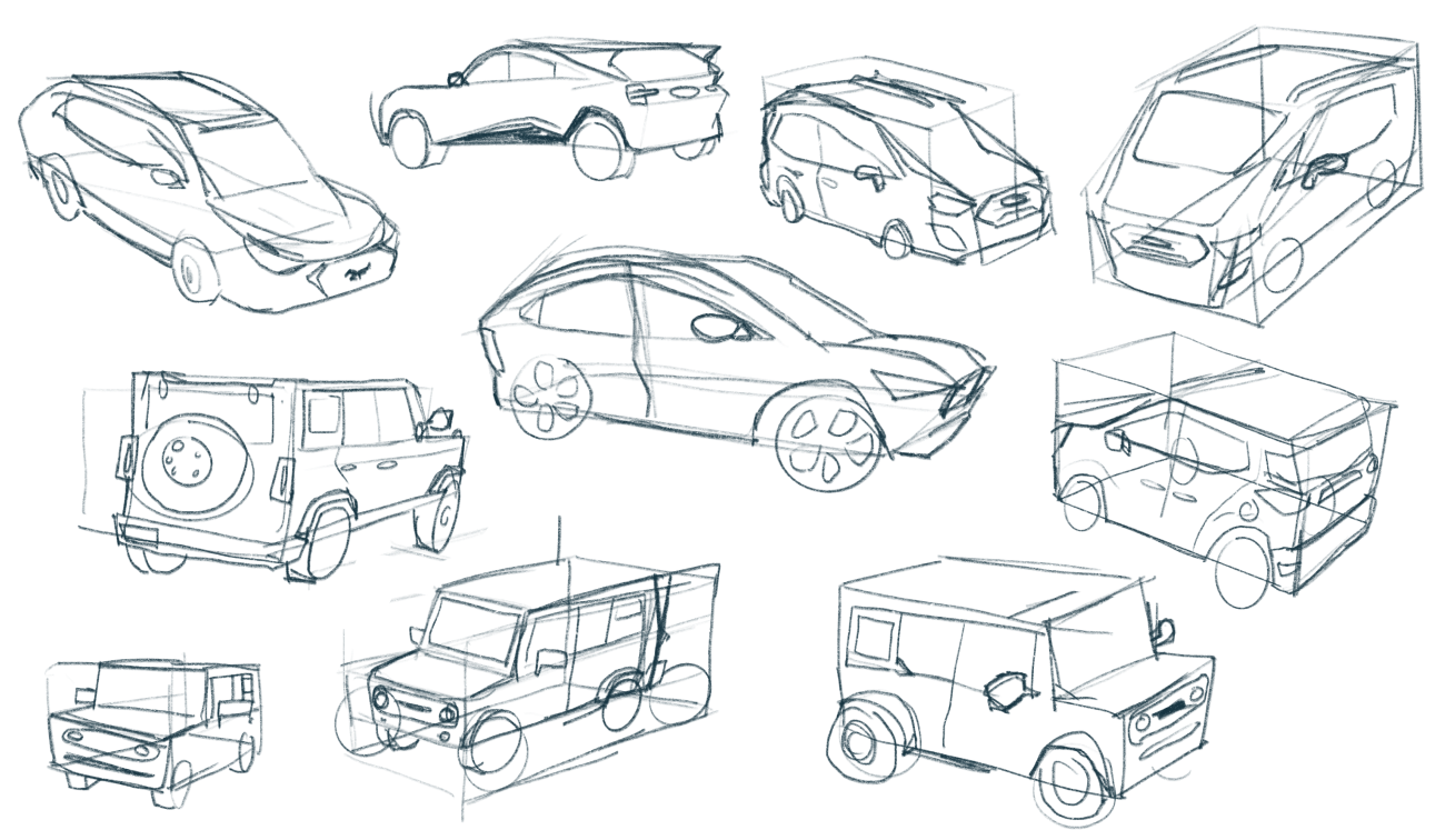 isometric sketches of cars in boxes