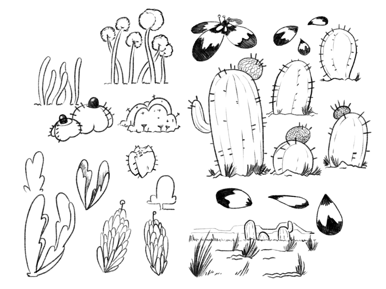 a collection of flowers, leaves, and cacti