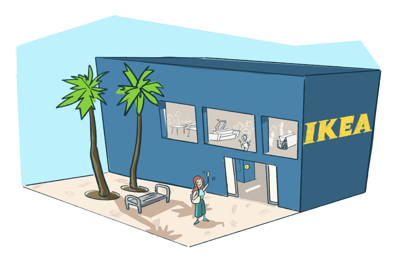an IKEA store, shown in diminutive big box size, with a lady waving outside alongside two palm trees