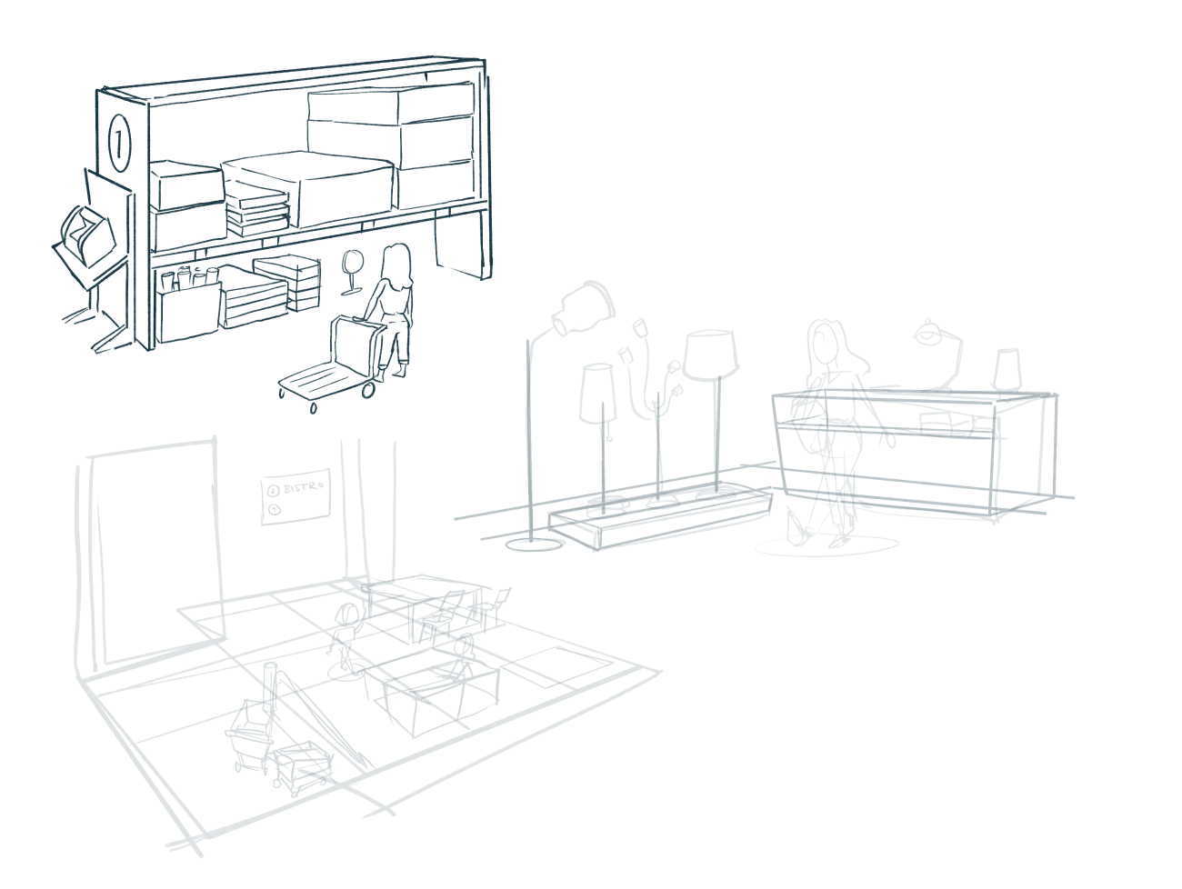 sketchy layouts of IKEA store scenes