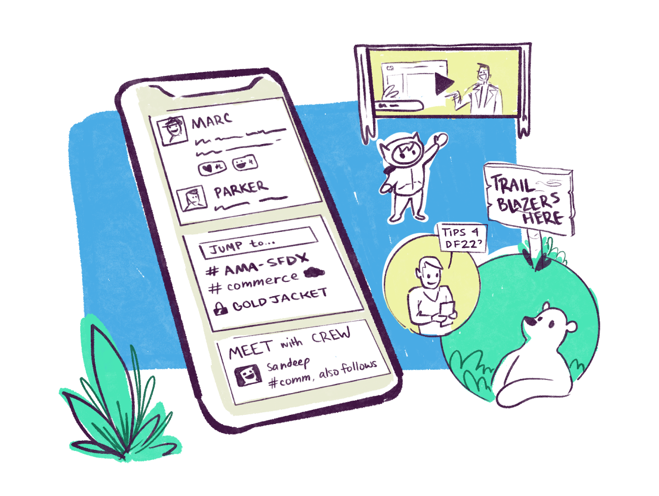 a phone with a chatting app in situ with human and animal characters and plantlife