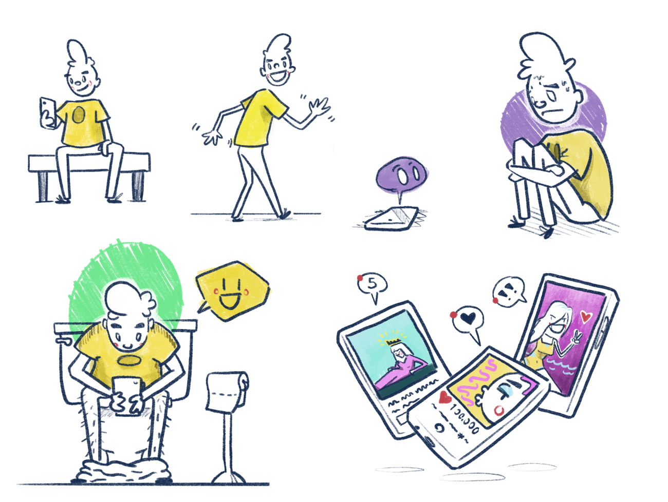 a character with a yellow shirt in various poses, sitting on a bench or a toilet, dancing, sitting next to their phone, and phones with social media images