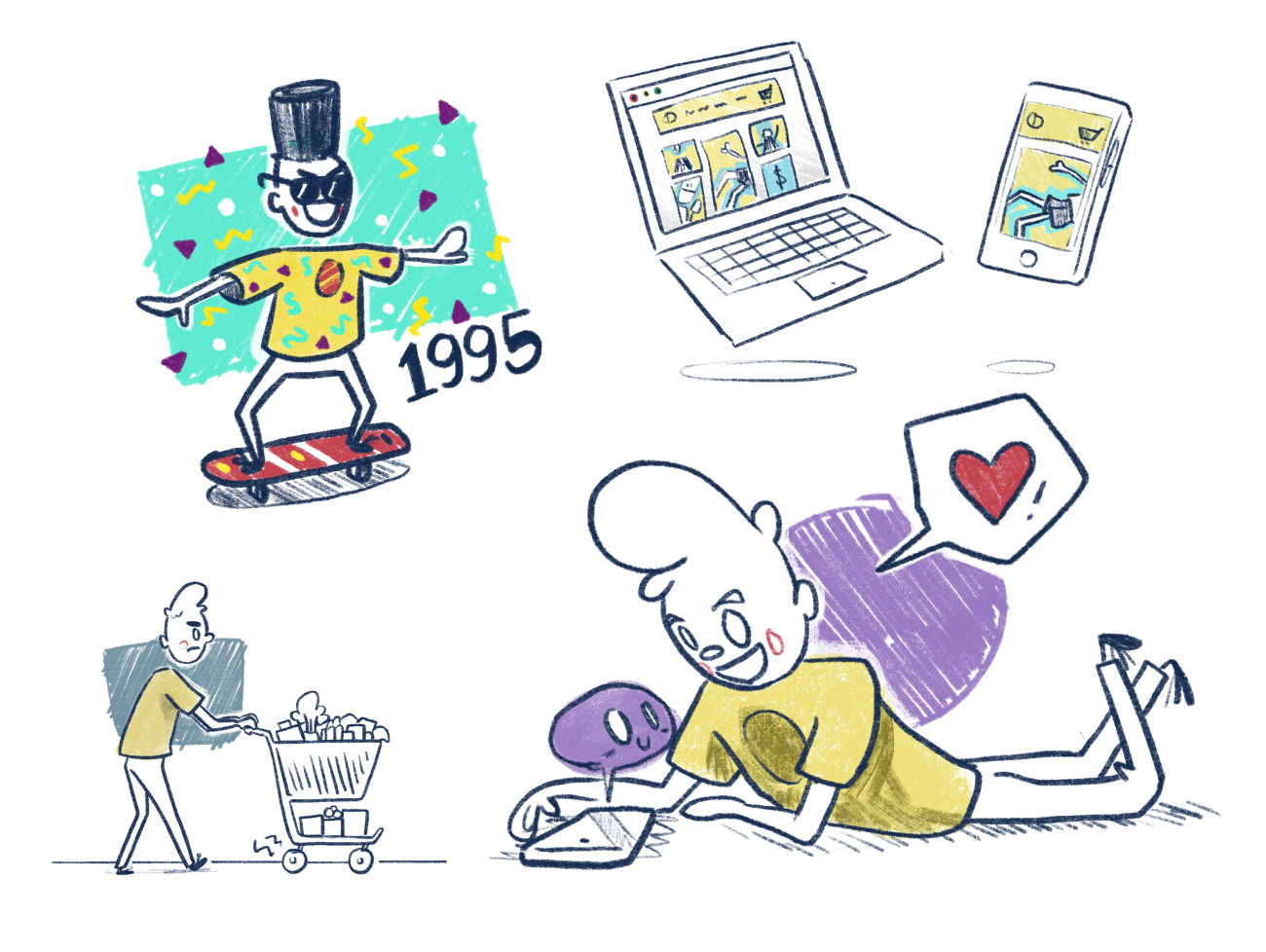 a collection of scenes: a skateboarder looking rad from 1995, a computer and phone on social media sites, a character in a yellow shirt pushing a shopping cart grumpily, and the character in the yellow shirt laying on the ground happily with his phone which smiles back