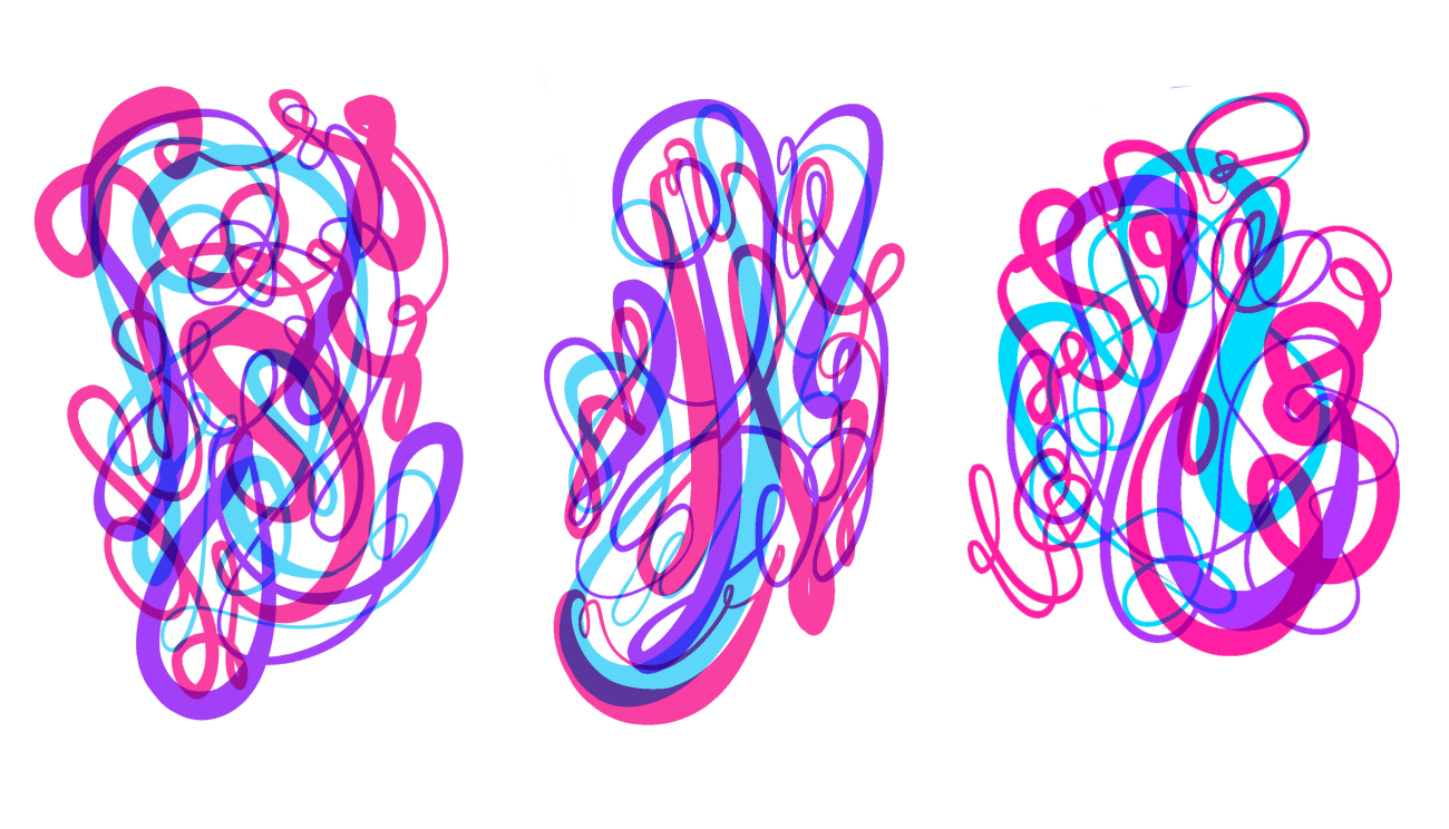magenta, cyan, and purple ribbons weaving in globuous form