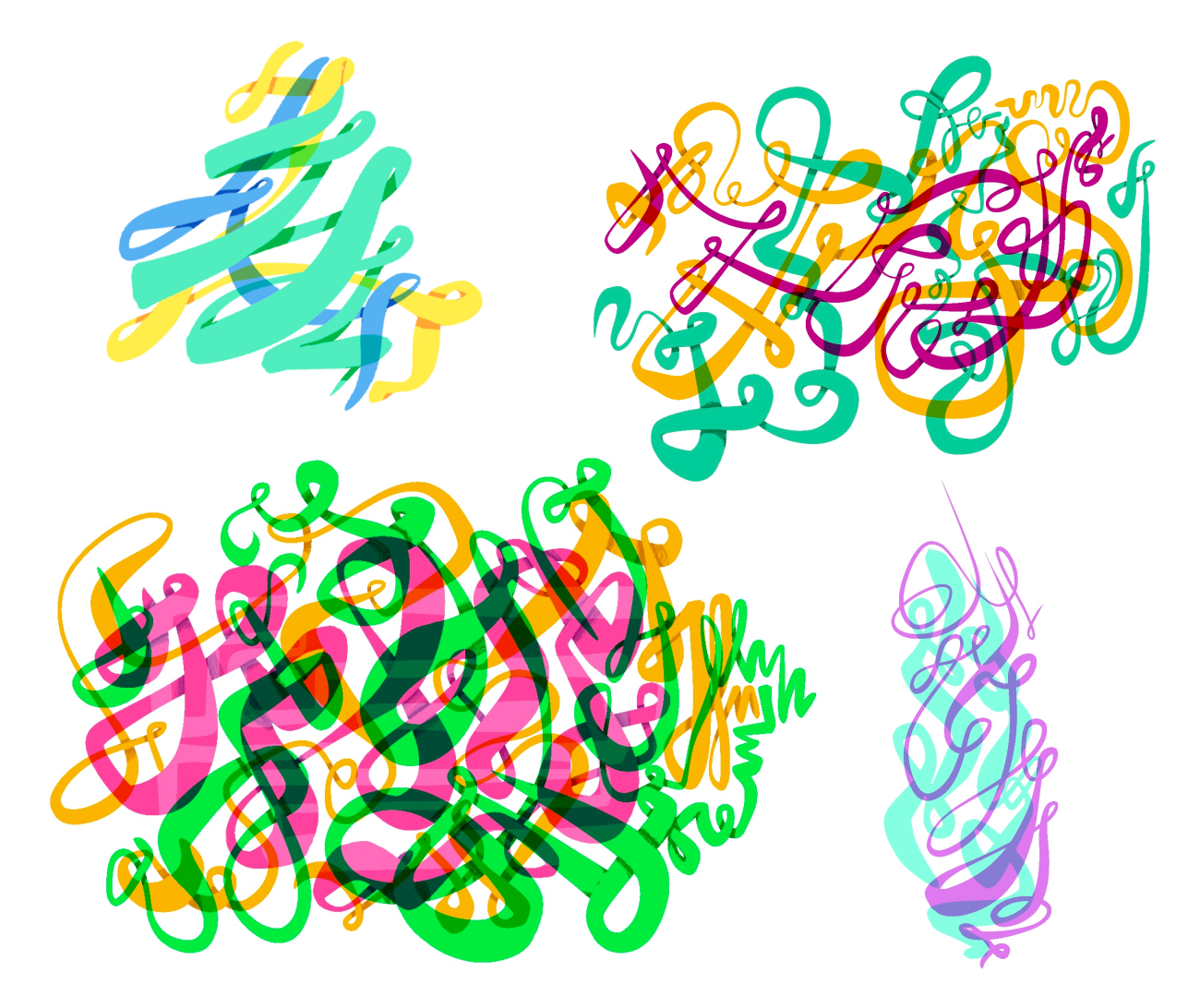many tangled ribbons following a closer form to resemble some pattern in their mess