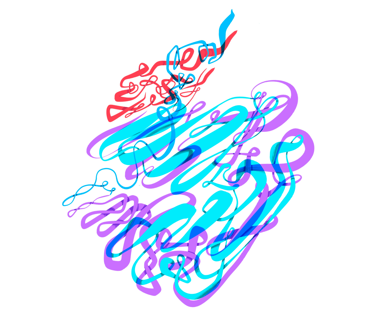back and forth, ribbons shoot and layer ontop of one another, purple, cyan, red, and sky blue