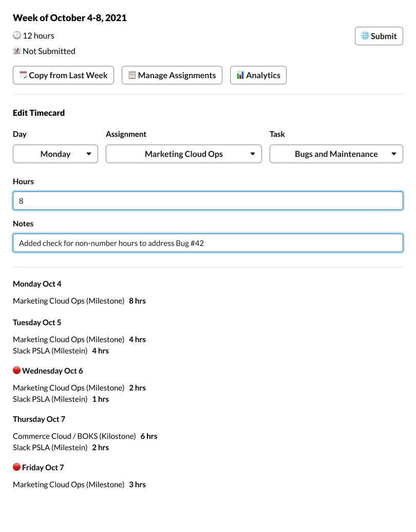 alternative slack timesheet home screen