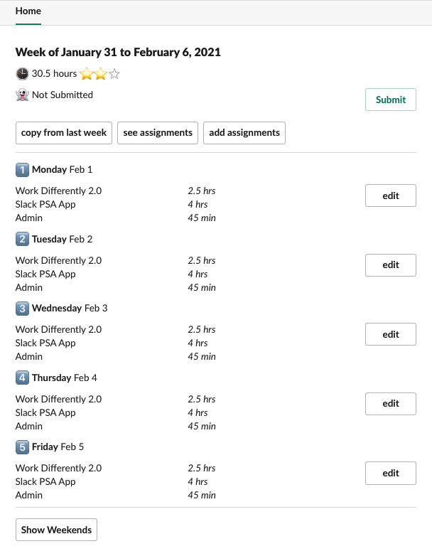 slack timesheet home screen
